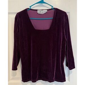 Kathy Ireland Velvet Top Square Neck 3/4 Sleeve Stretch Purple Large